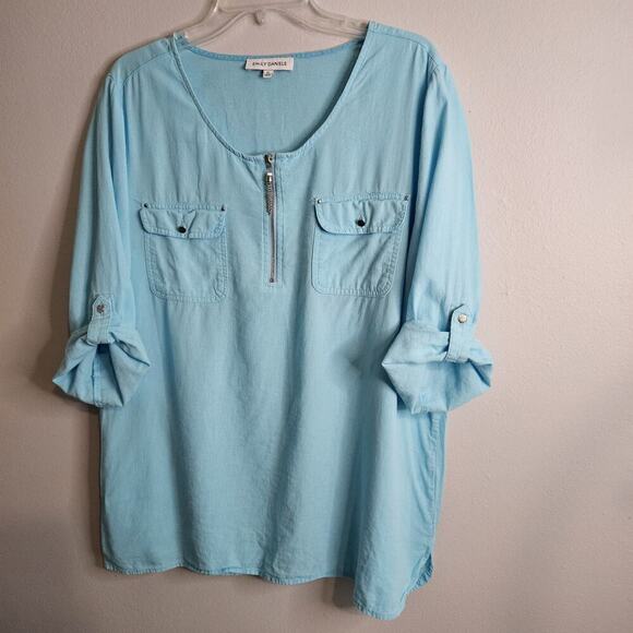 Emily Daniels Women's XL Blouse, Aqua Woven Linen Blend 3/4 Roll-tab Sleeves - Picture 1 of 12